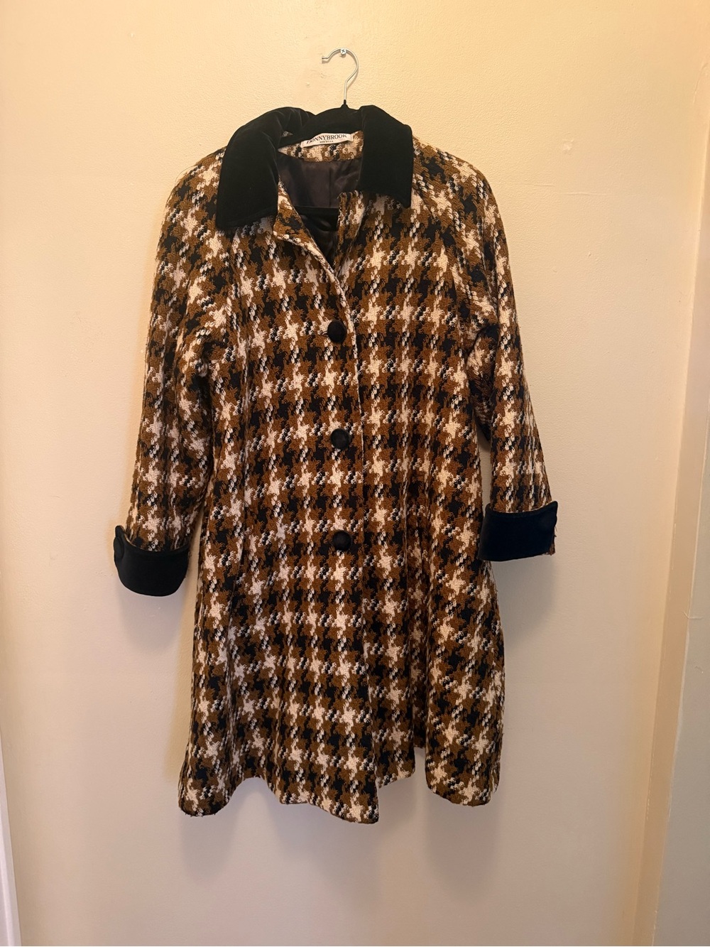 Women’s Vintage Oversized Brown Plaid Pea Coat with Black Velvet Trim